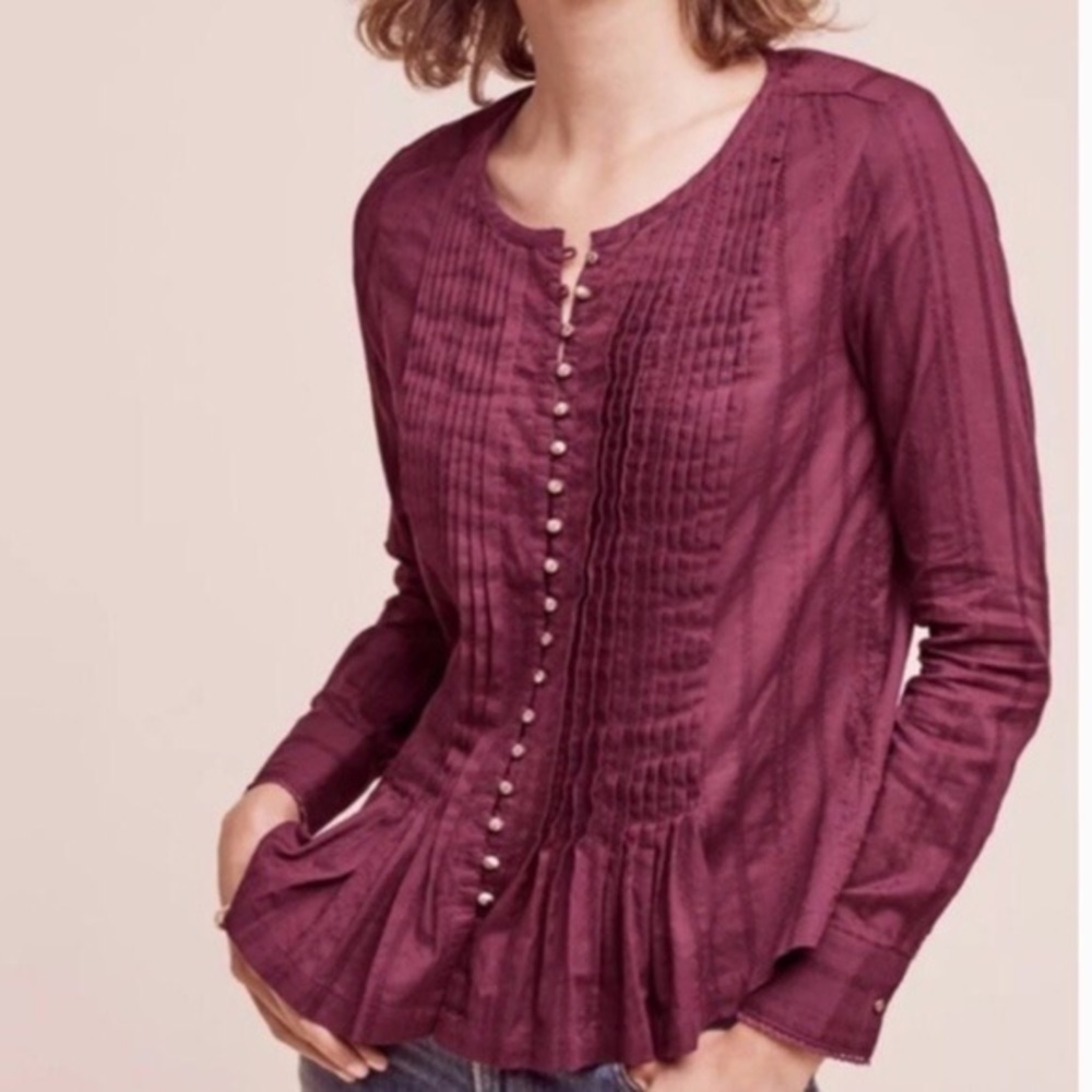 Maeve Burgundy Button down Pleated Blouse Long Sleeve Top Size XS